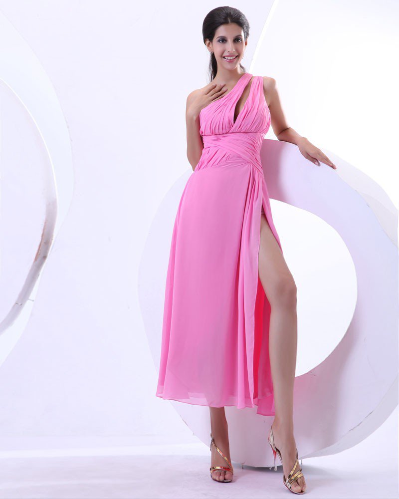 Ruffles Chiffon One Shoulder Ankle Length Prom Dress