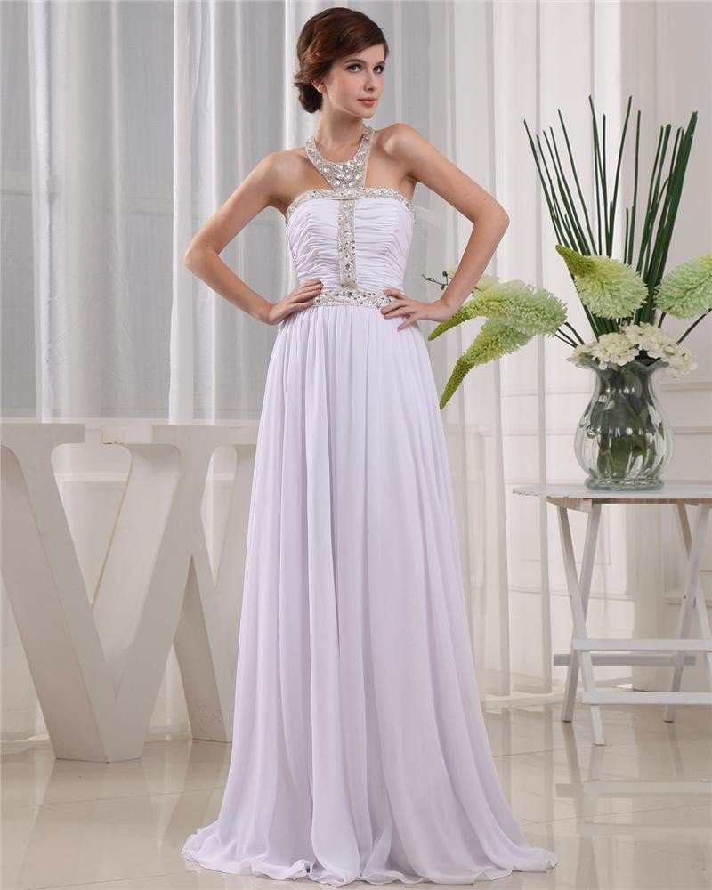 Halter Zipper Sleeveless Floor Length Beading Pleated Chiffon Woman Prom Dress