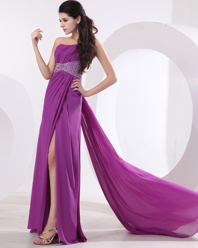 Chiffon Beading Backless One Shoulder Floor Length Prom Dresses
