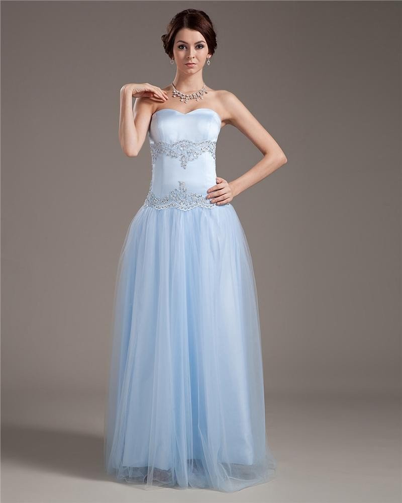 Satin Tulle Sweetheart Embroidery Beading Ruffle Floor Length Prom Dresses