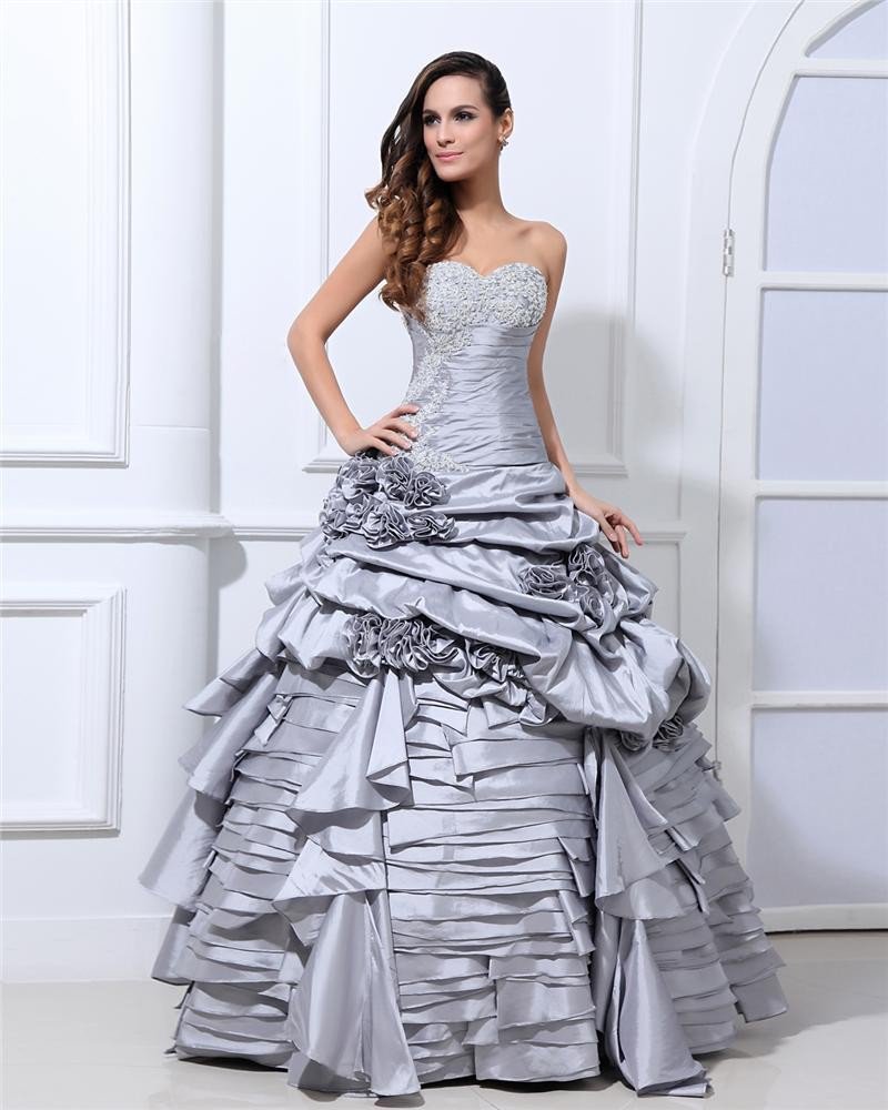 Ball Gown New Sleeveless Taffeta Flowers Embroidery Ruffles Applique Sweetheart Floor Length Quincea