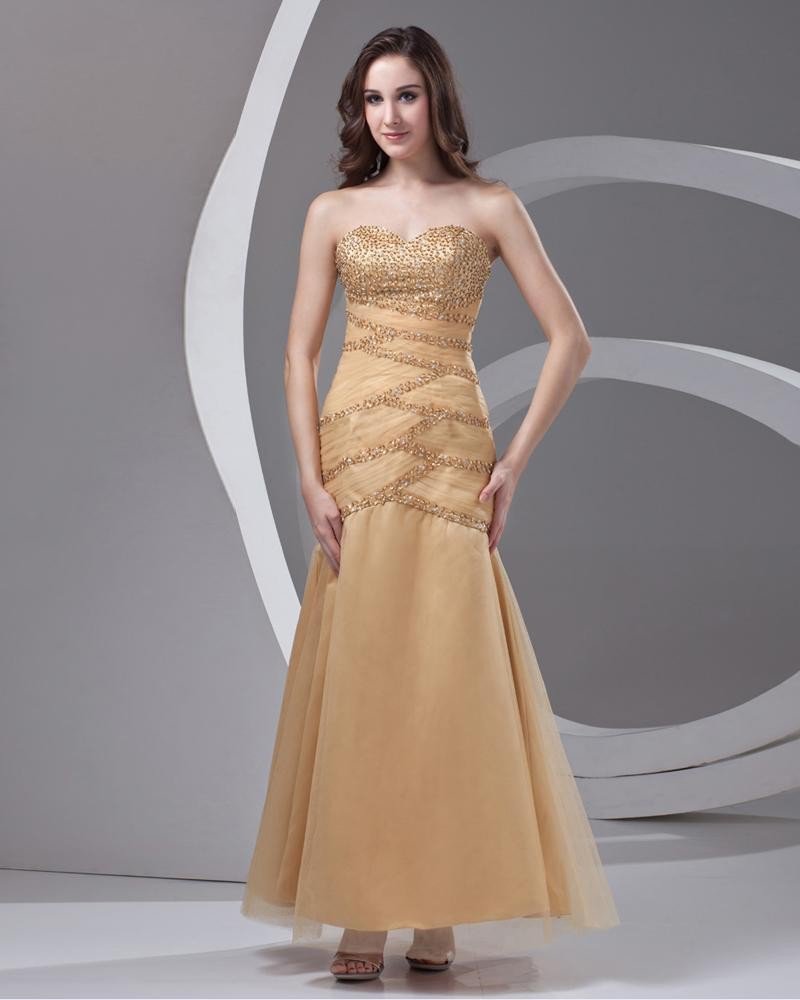 Sweetheart Beading Pleated Ankle Length Tulle Woman Prom Dress