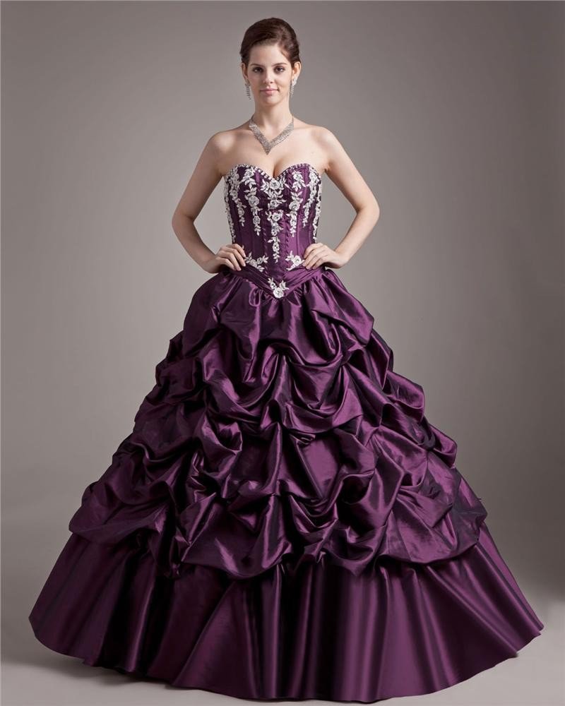Ball Gown Taffeta Applique Beading Sweetheart Ruffle Floor Length Quinceanera Prom Dresses