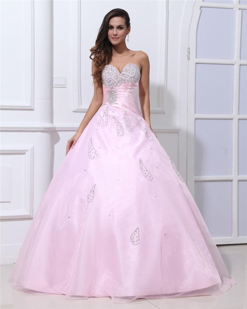 Sweetheart Sleeveless Lace Up Floor Length Ruffle Beading Organza Satin Woman Prom Dress