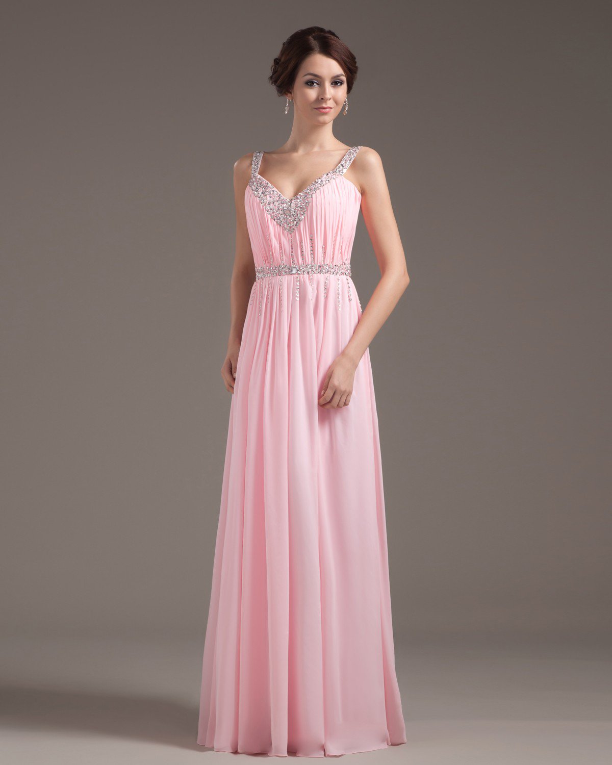 Chiffon Ruffle Beading V Neck Floor Length Prom Dress