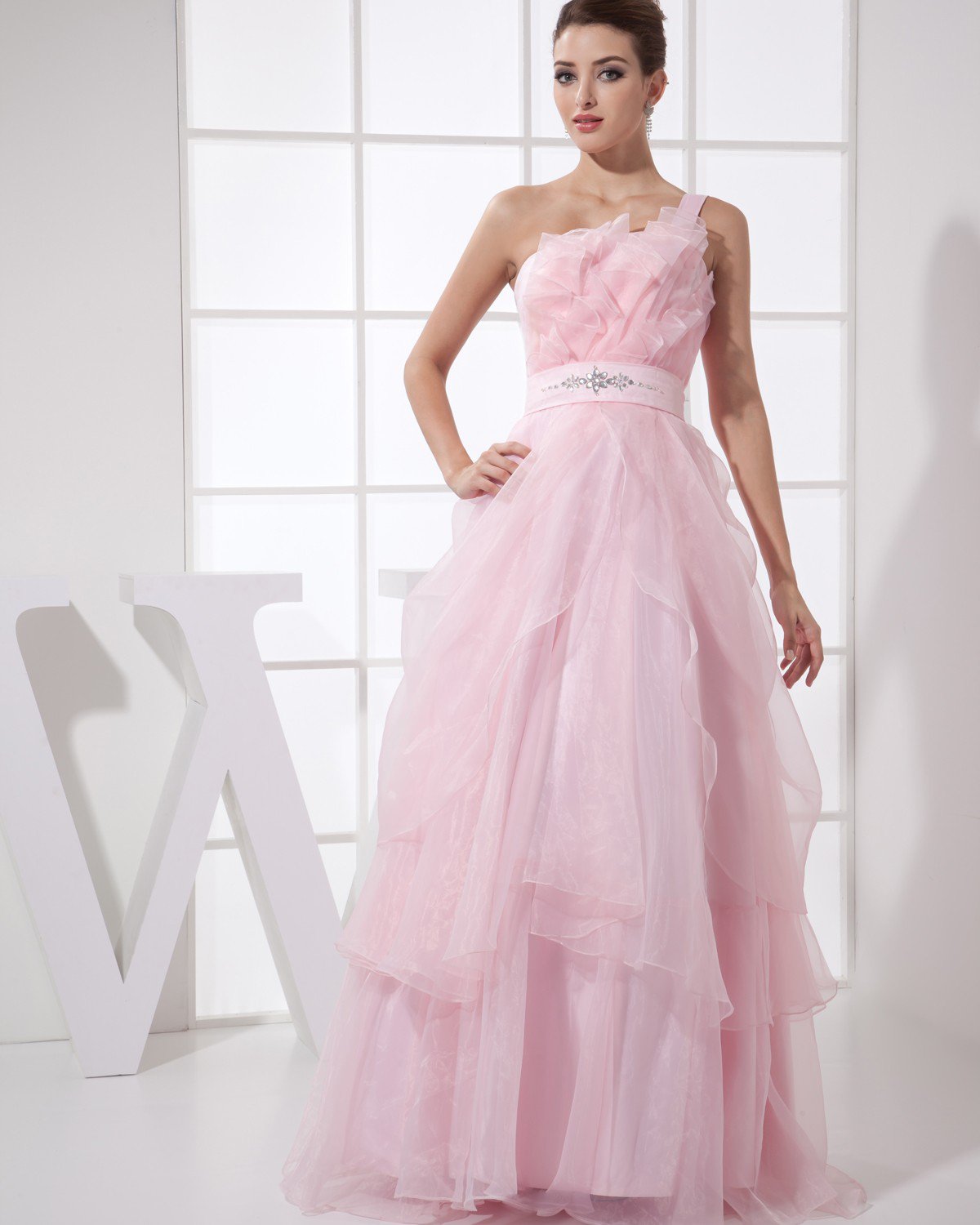 Strapless Beading Ruffle Sleeveless Zipper Floor Length Organza Silk Woman Prom Dress