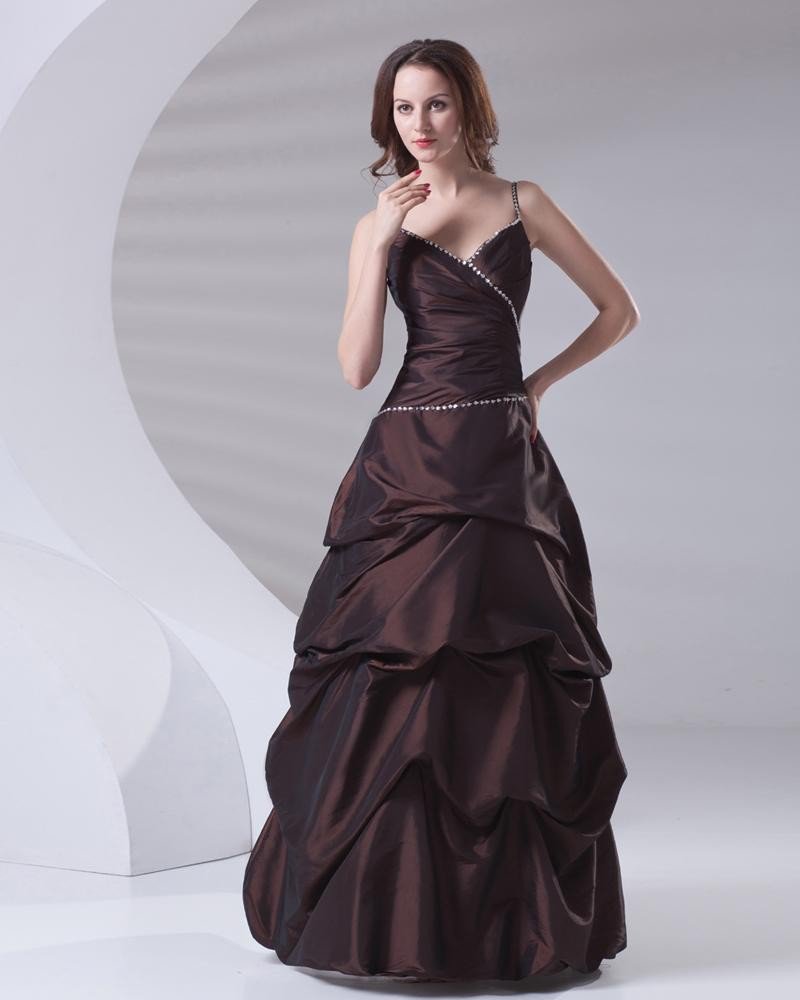 Ruffle Sequin Decoration Spaghetti Strap Floor Length Taffeta Prom Dress