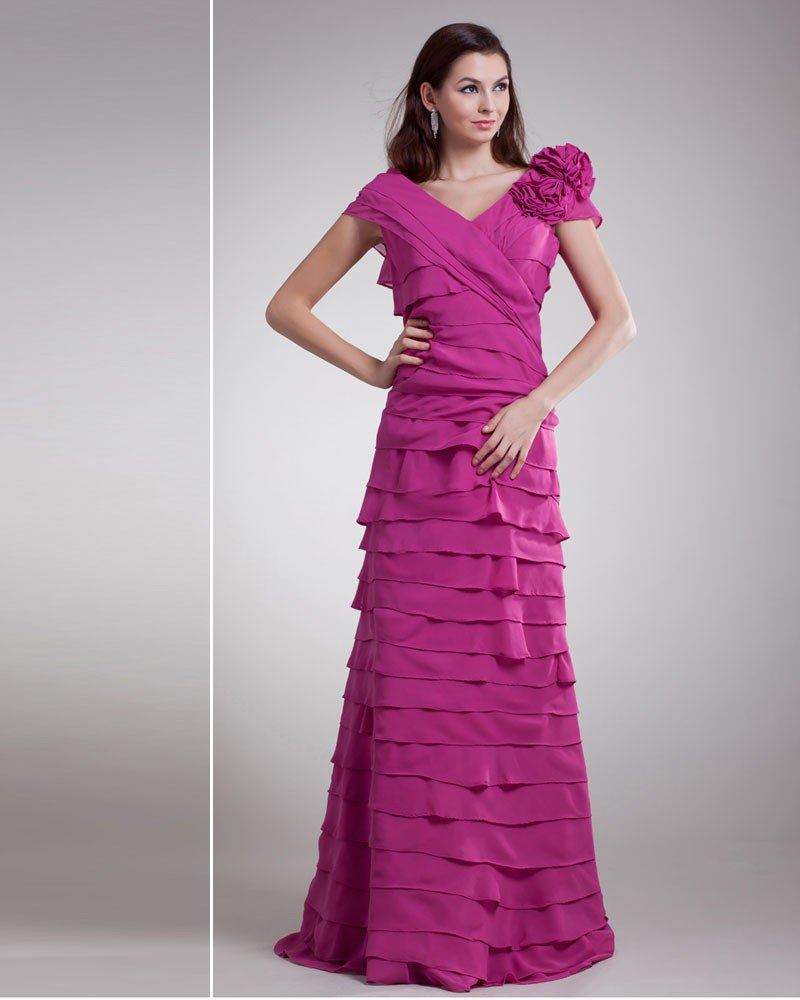 Chiffon Flower Ruffle V Neck Floor Length Tiered Prom Dress