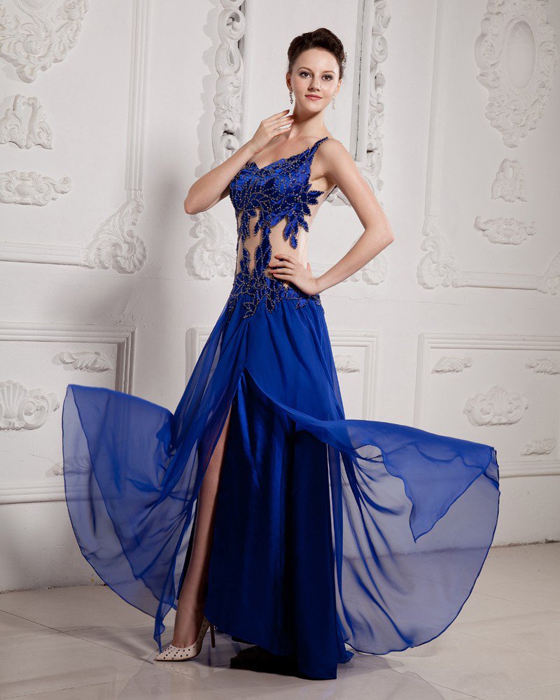 Chiffon Satin Beading One Shoulder Floor Length Prom Dress