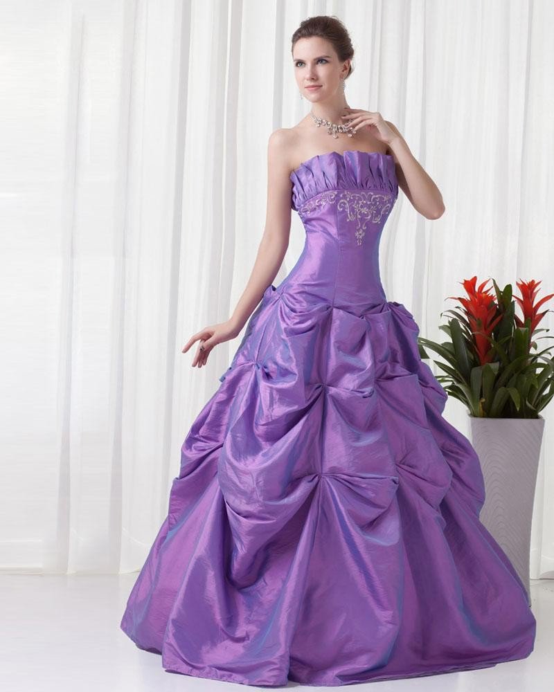 Strapless Floor Length Embroidery Beading Pleated Taffeta Women Prom Dress