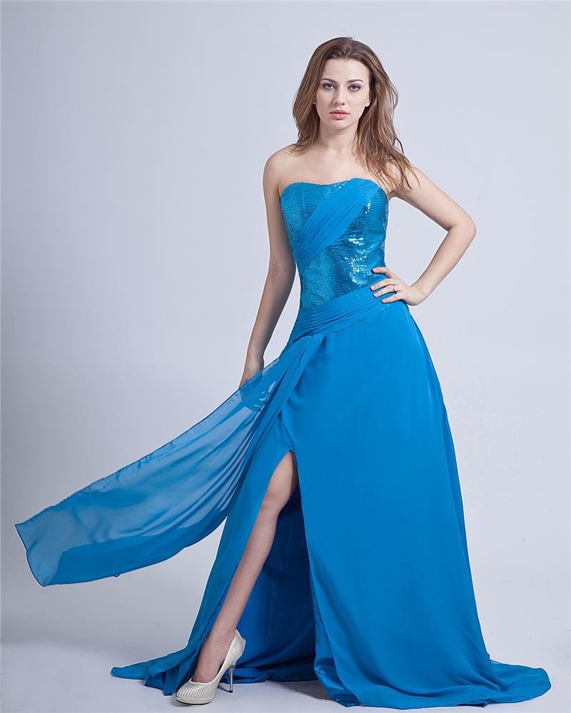 Paillette Chiffon Strapless Sleeveless Prom Dress