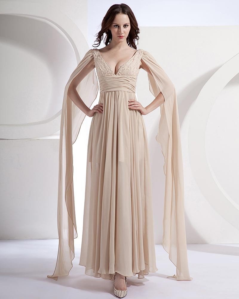 Chiffon Ruffle Beads V Neck Floor Length Prom Dresses