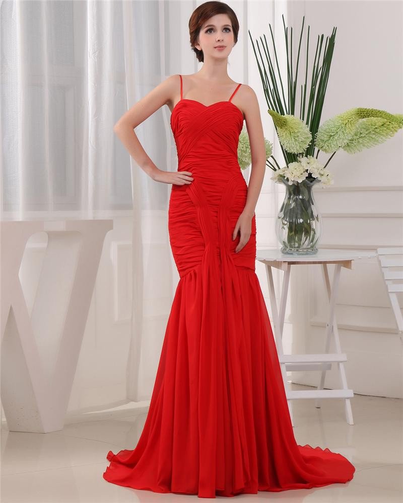 Spaghetti Straps Sleeveless Zipper Pleated Floor Length Ruffle Chiffon Woman Prom Dress