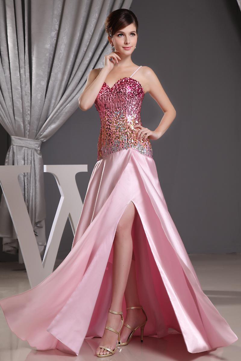 Stylish Silk Silk Like Satin Spaghetti Straps Sequins Sleeveless Zipper Floor Length Slit Prom Dress