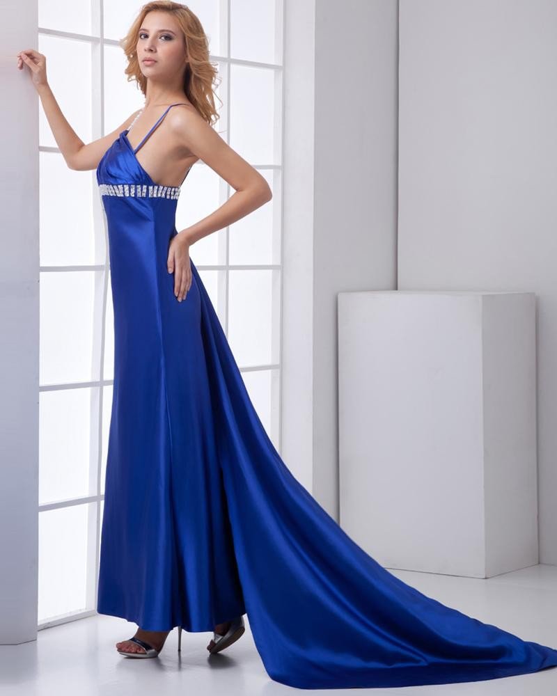 Fashion Satin Beaded Pleated One Shoulder Sleeveless Floor Length Prom Dress