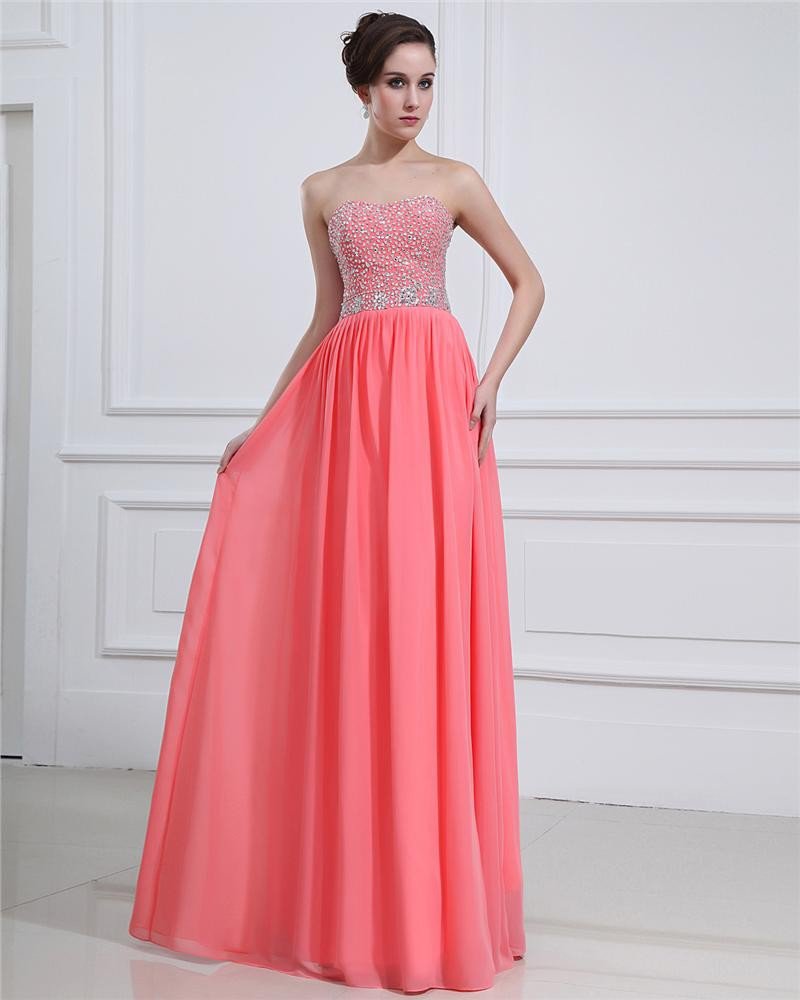 Sleeveless Charmeuse Chiffon Beading Sweetheart Floor Length Prom Dresses