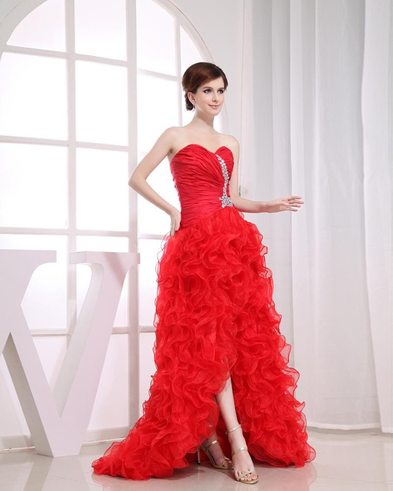 Chiffon Silk Beadings Ruffle Sweetheart Sleeveless Backless Court Train Asymmetrical Prom Dress