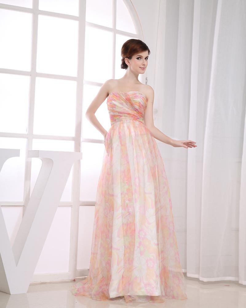 Chiffon Silk Yarn Flower Print Sweetheart Sleeveless Zipper Floor Length Pleated Prom Dress