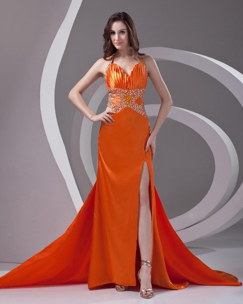 Halter Beading Pleated Floor Length Charmeuse Woman Prom Dress