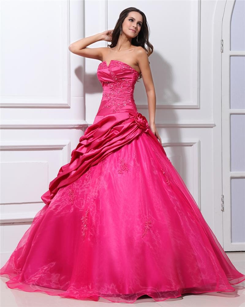 Ball Gown Taffeta Flower Ruffle Pattern Beading Women Quinceanera Prom Dresses