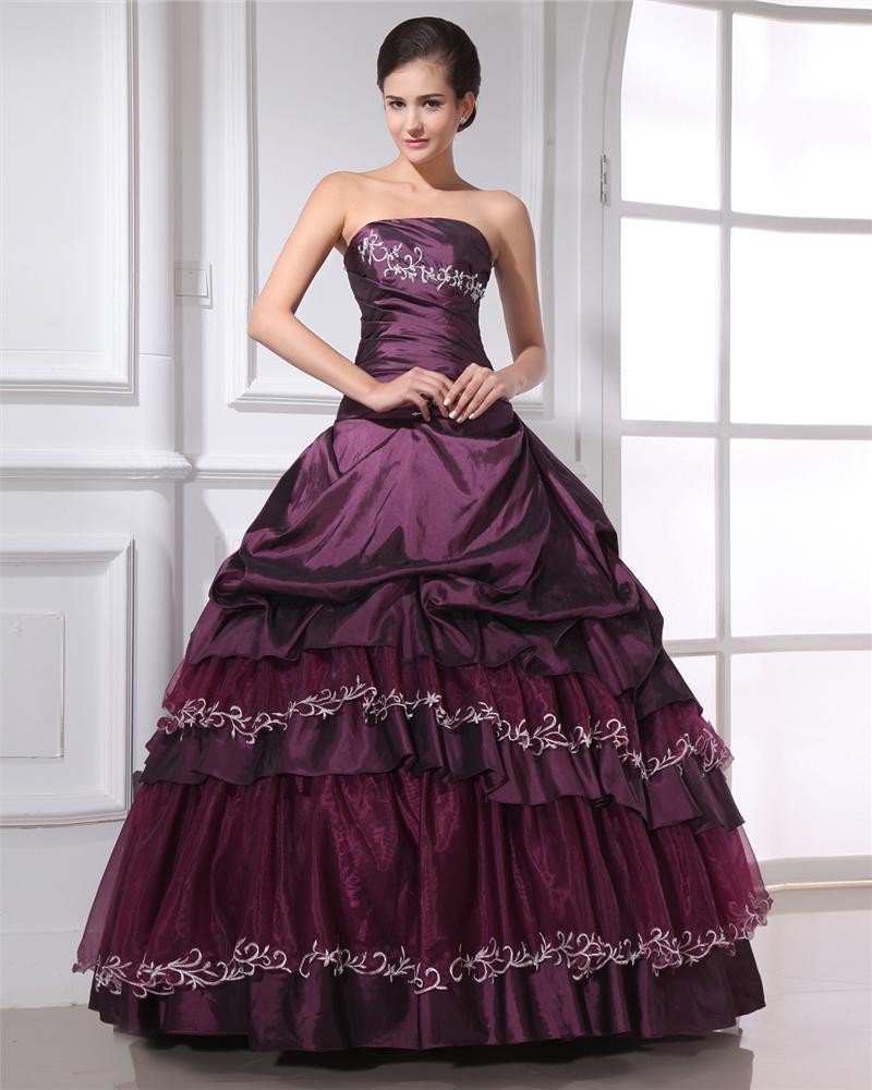 Ball Gown Taffeta Applique Ruffle Strapless Floor Length Quinceanera Prom Dress