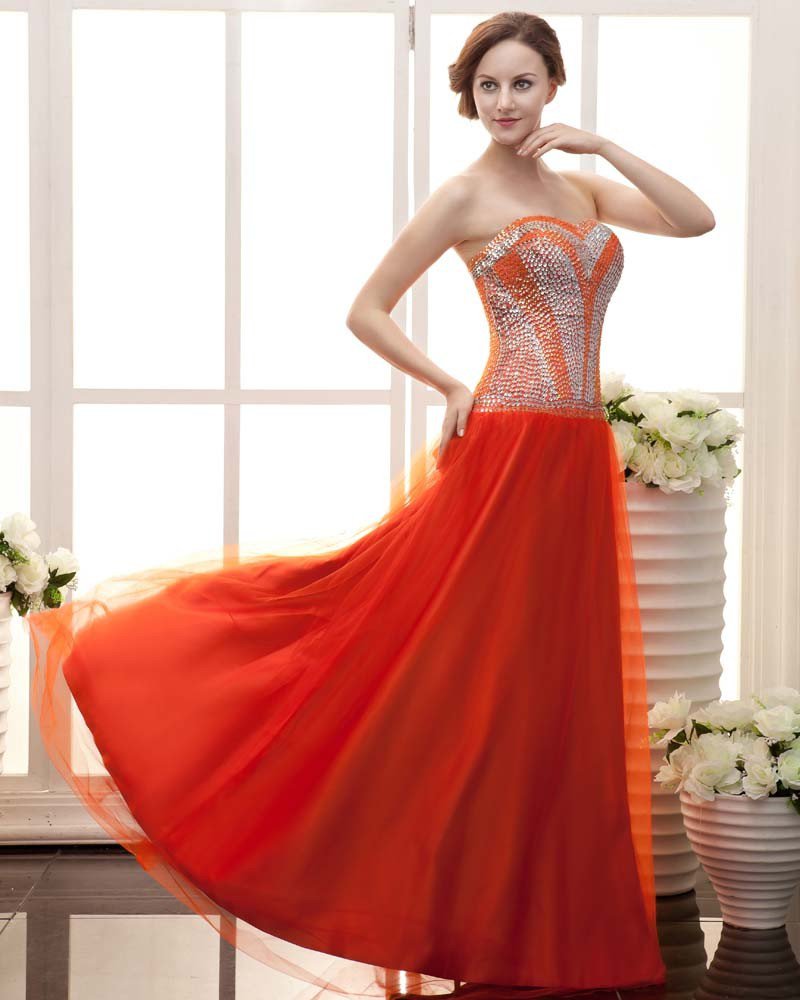 Stylish Ruffle Floor Length Sequin Beading Strapless Lace-up Sateen Chiffon Prom Dresses