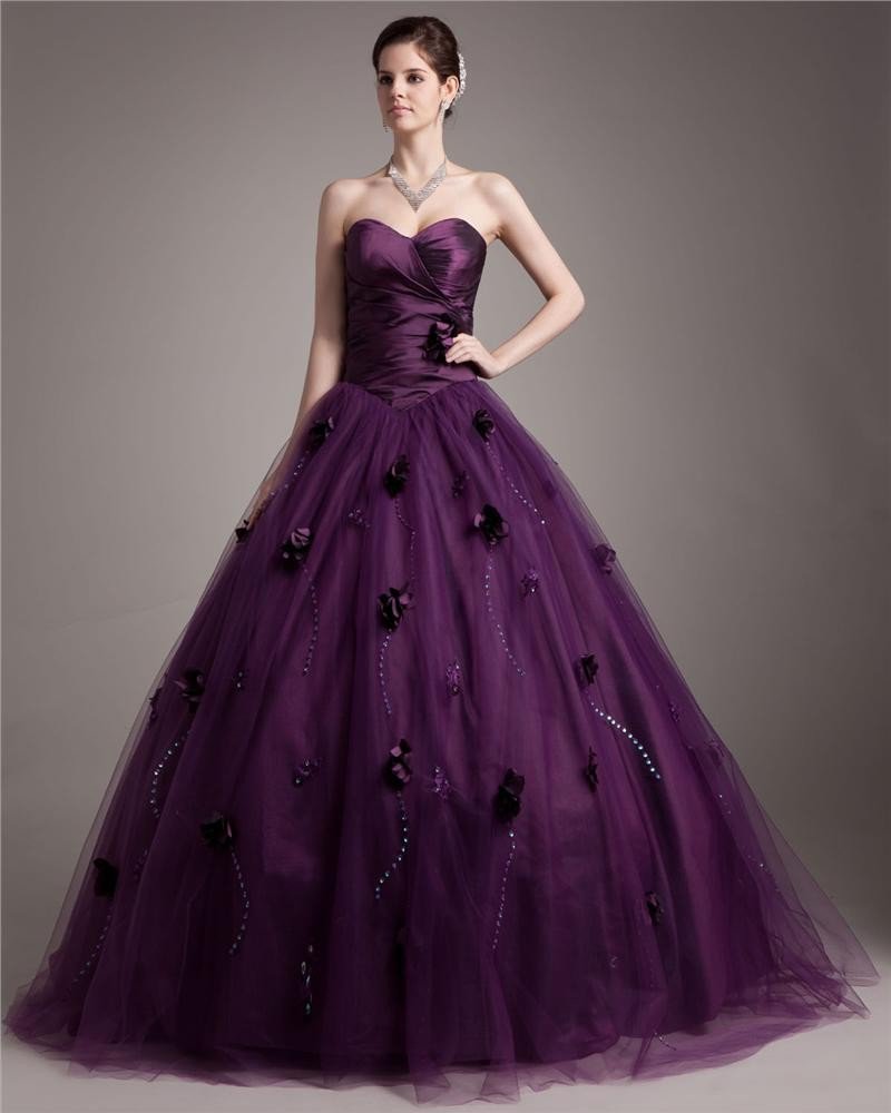 Ball Gown Taffeta Tulle Beading Hand Flower Sweetheart Floor Length Quinceanera Prom Dresses