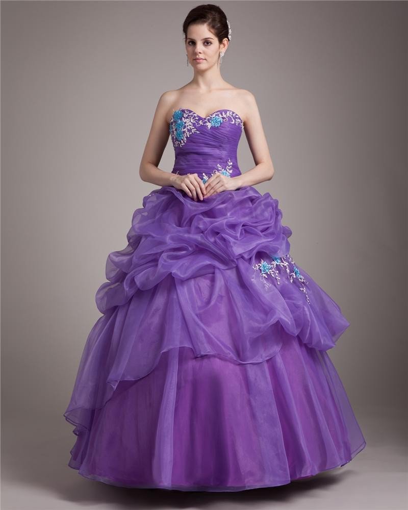 Ball Gown Sweetheart Floor Length Applique Satin Tulle Women Quinceanera Prom Dress