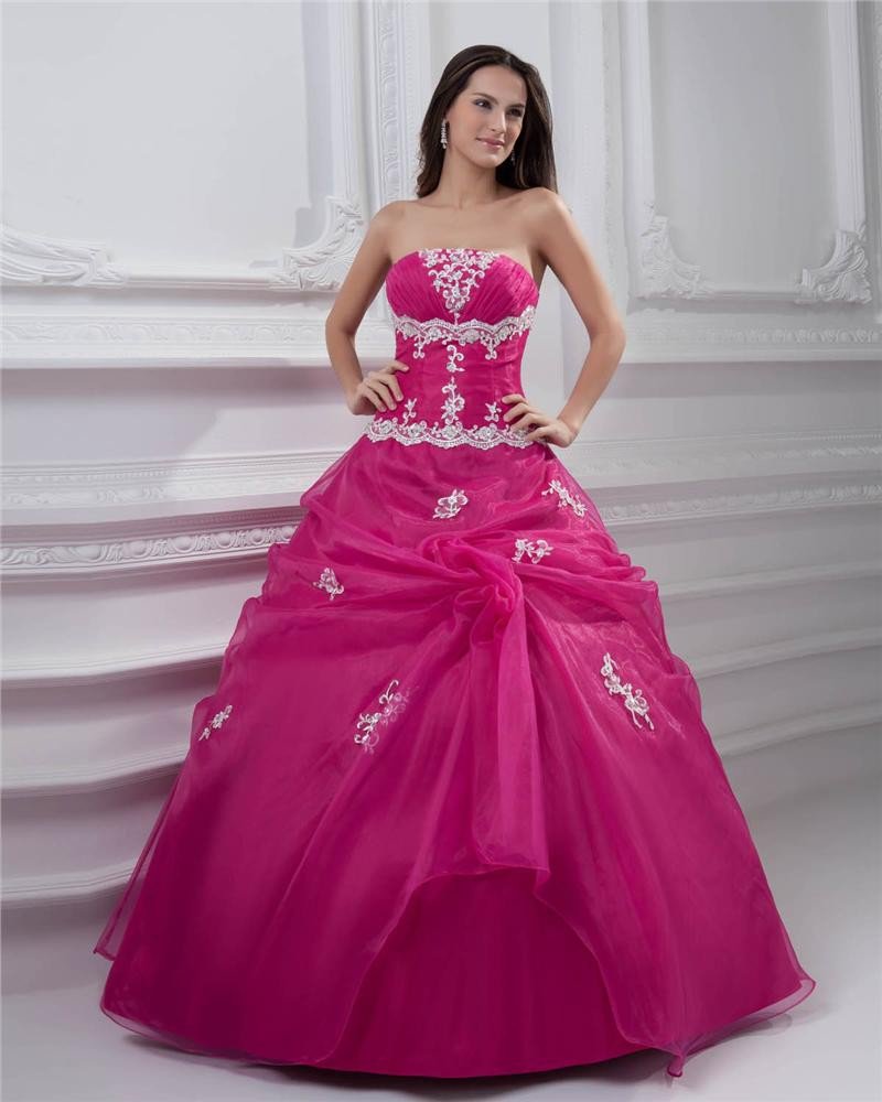 Ball Gown Satin Organza Embroidery Strapless Floor Length Quinceanera Prom Dresses