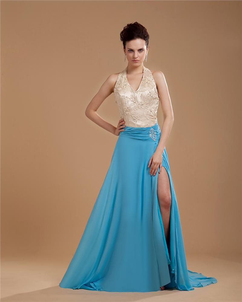 Chiffon Applique Beading Halter Floor Length Slit Prom Dress