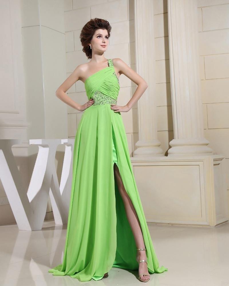 One Shoulder Sleeveless Backless Floor Length Beading Chiffon Elastic Silk Like Satin Silk Woman Pro