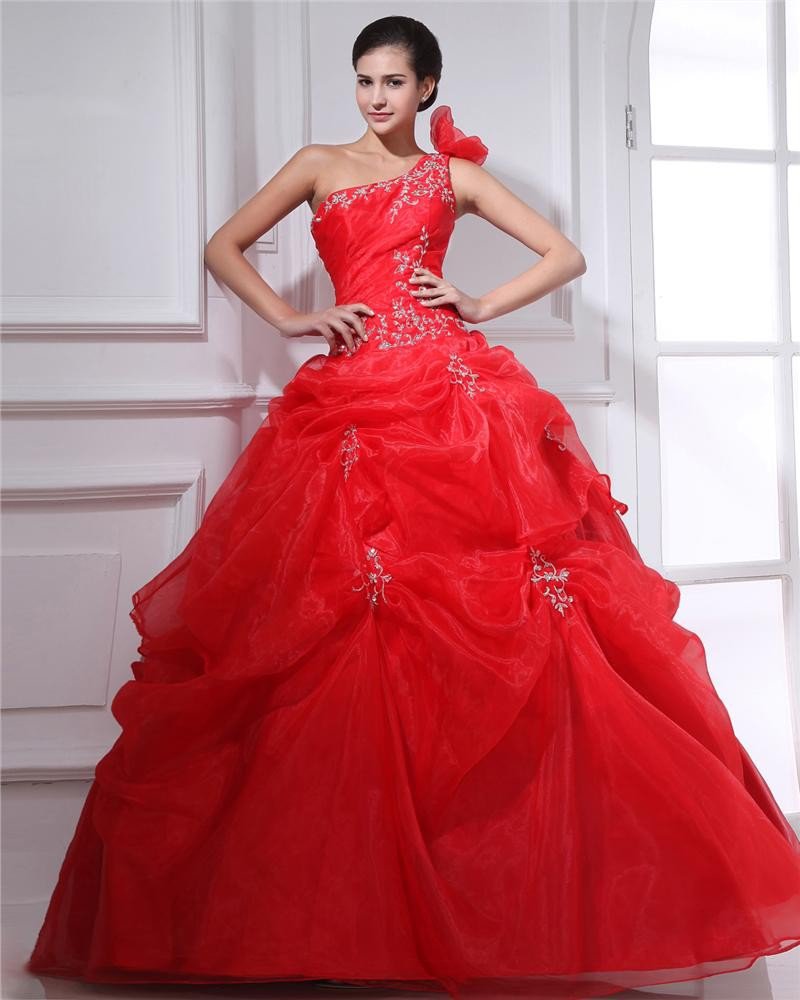 Ball Gown Organza Beading Applique One Shoulder Floor Length Quinceanera Prom Dresses