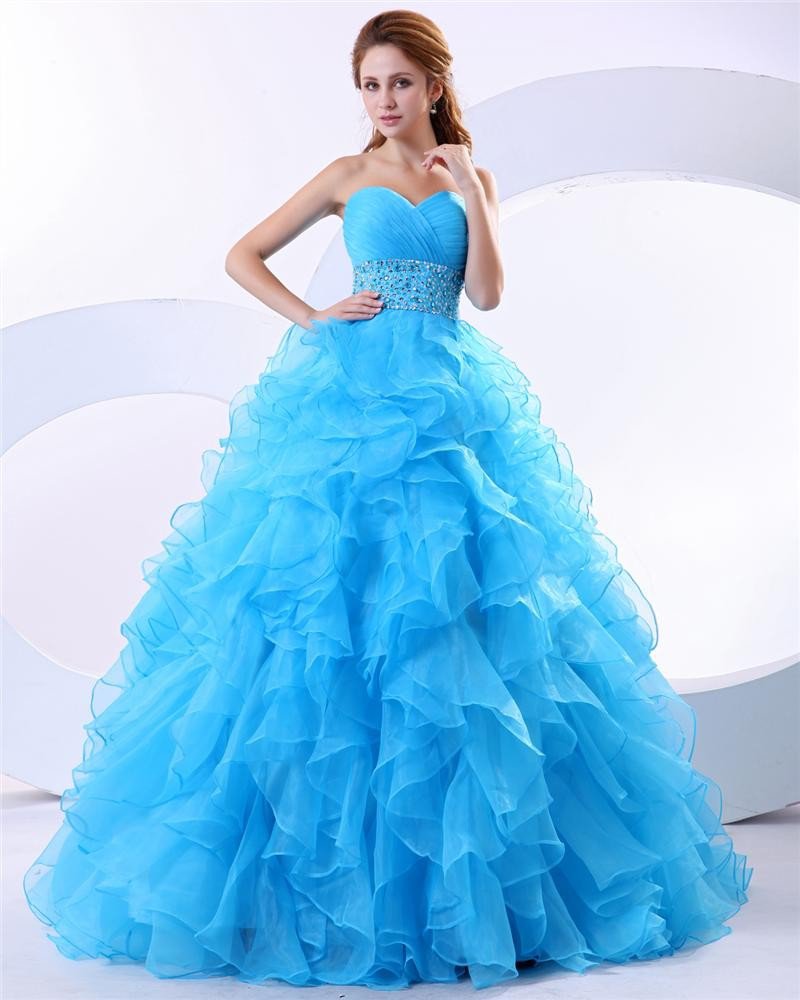 Ball Gown Ruffle Beaded Sweetheart Organza Floor Length Quinceanera Prom Dresses