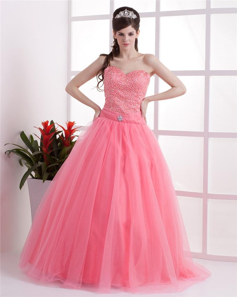 Ball Gown Satin Yarn Ruffle Beading Sweetheart Floor Length Quinceanera Prom Dress
