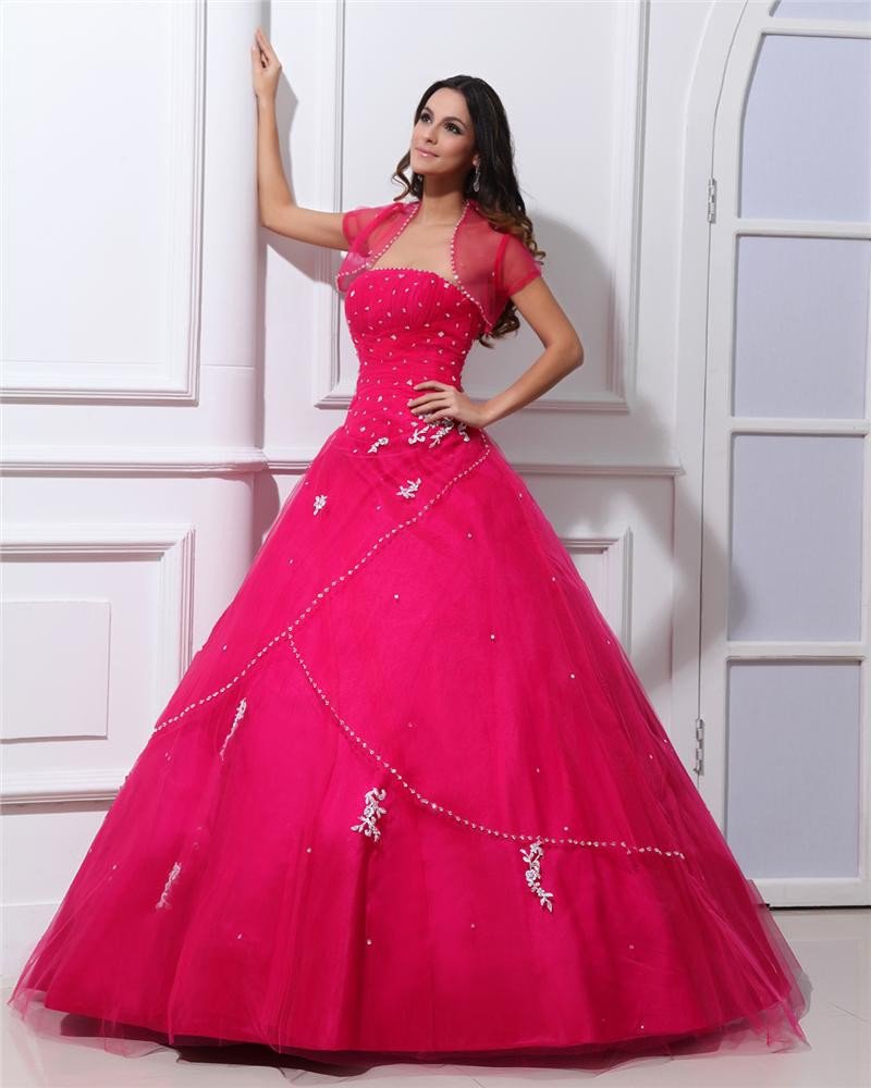 Ball Gown Organza Ruffle Beaded Applique Strapless Floor Length Quinceanera Prom Dress