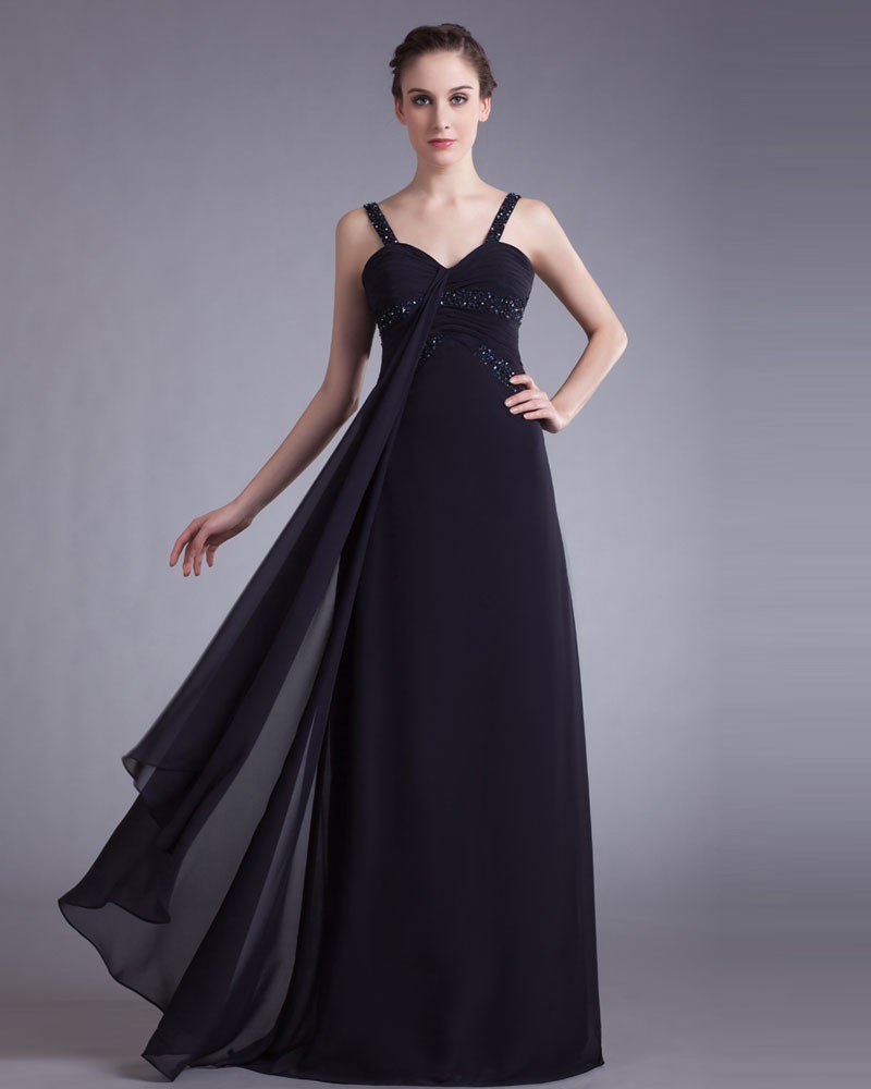 Chiffon Beading Spaghetti Straps Floor Length Prom Dress