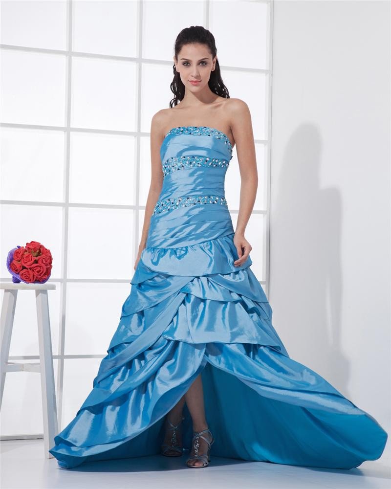Floor Length Strapless Neckline Sleeveless Beading Pleated Taffeta A-Line Woman Prom Dresses