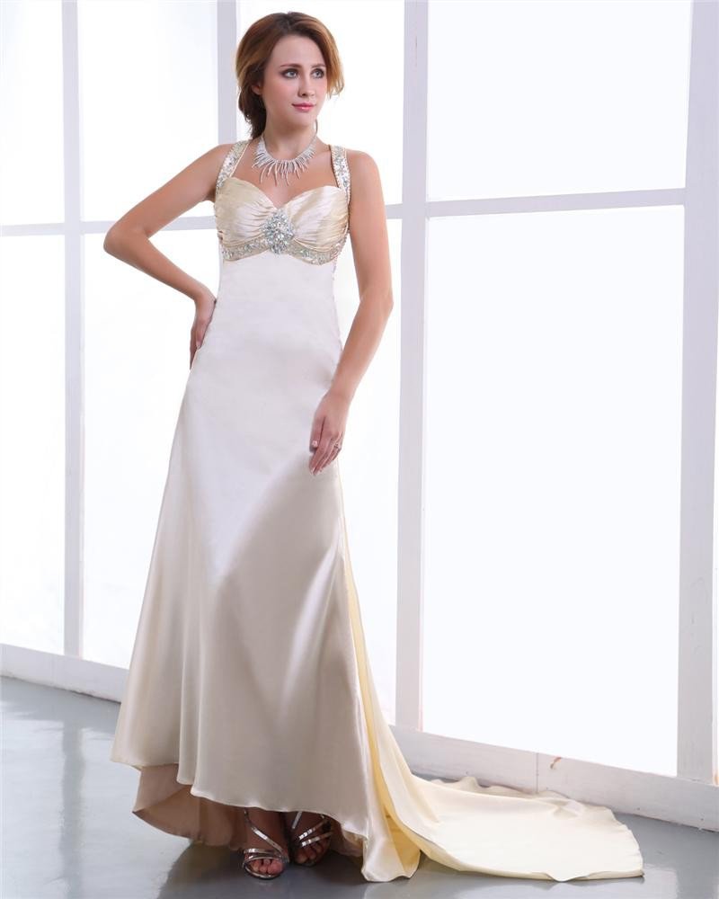 Charmeuse Sweetheart Pleated Beading Backless Floor Length Prom Dresses