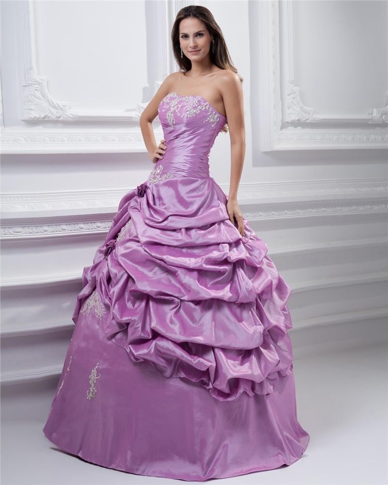 Ball Gown Satin Applique Embroidery Strapless Floor Length Quinceanera Prom Dresses