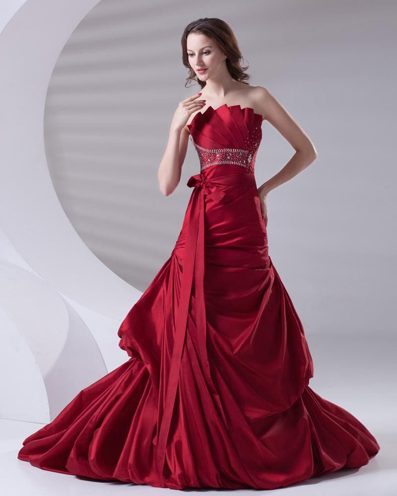Beading Ruffle Strapless Floor Length Satin Prom Dress