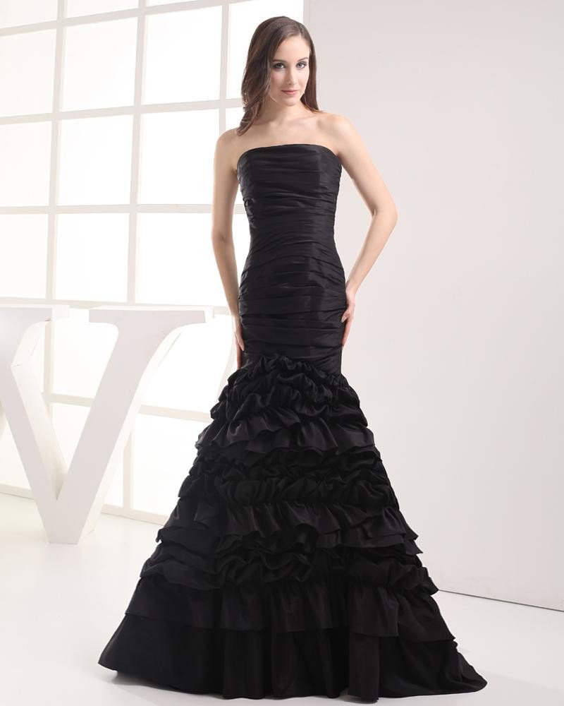 Fashion Taffeta Pleated Strapless Floor Length Celebrity Mermaid Prom Dress
