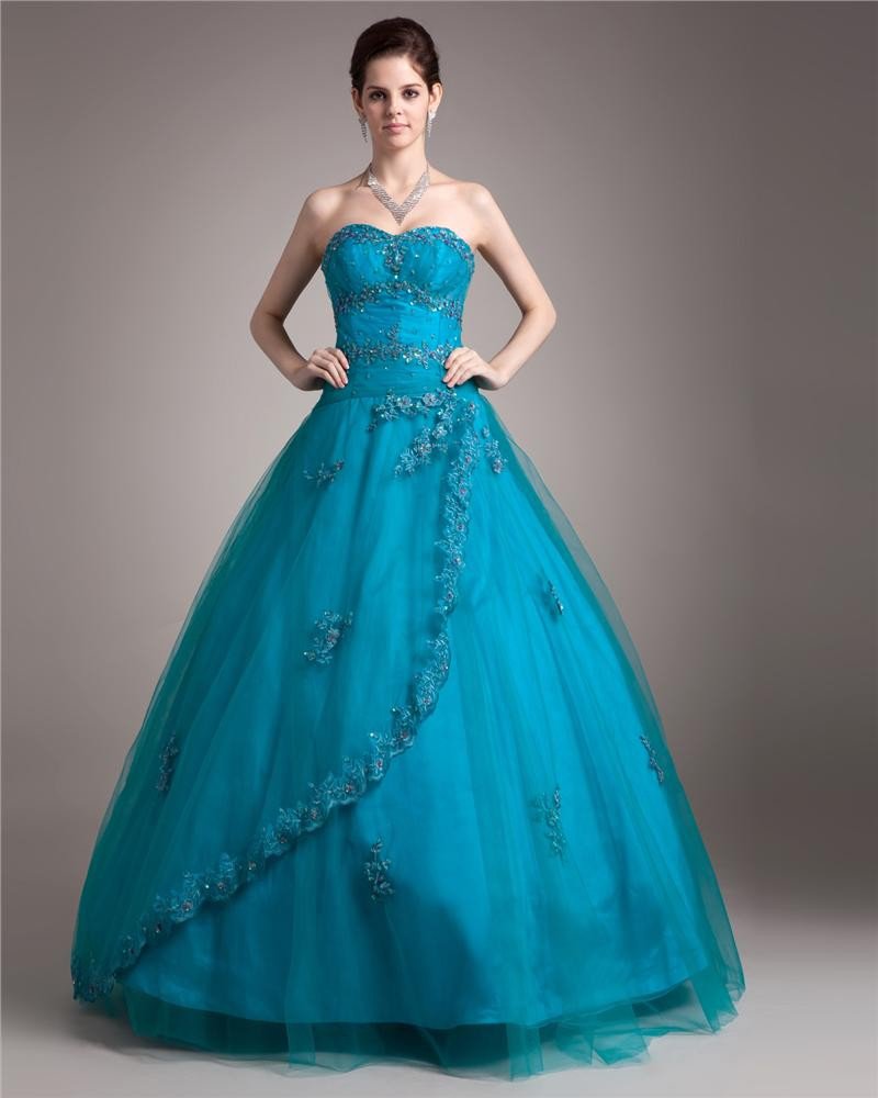Ball Gown Yarn Satin Beading Applique Layered Sweetheart Floor Length Quinceanera Prom Dresses