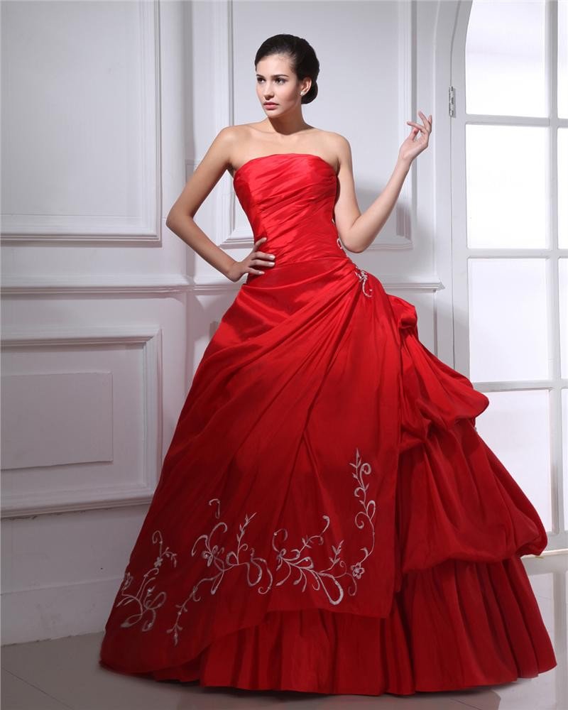 Ball Gown Satin Embroidery Ruffle Strapless Floor Length Quinceanera Prom Dress