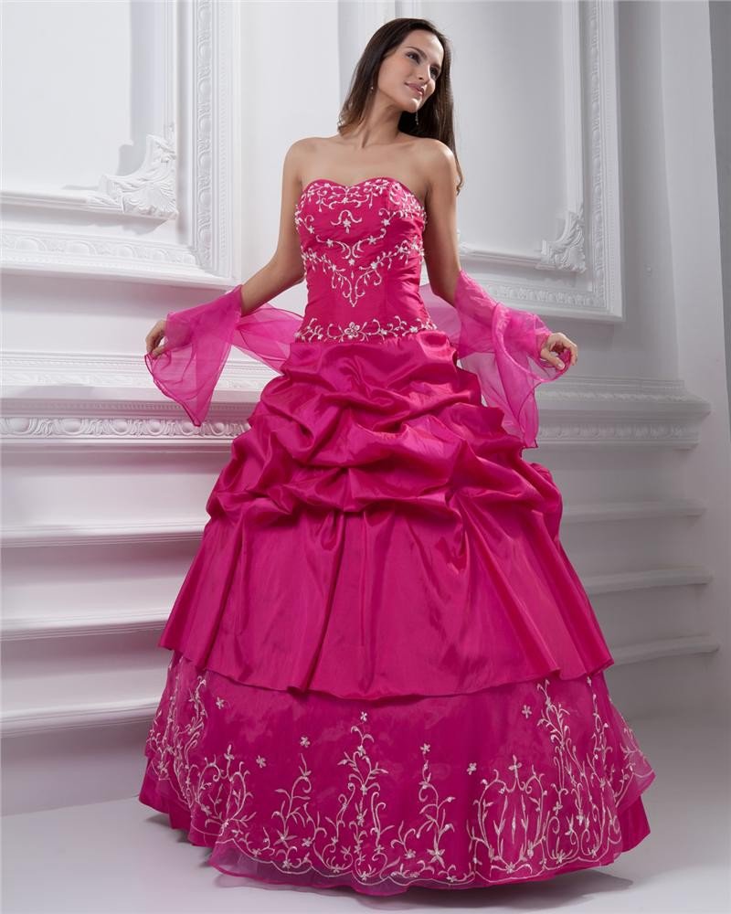 Ball Gown Taffeta Beading Applique Ruffle Sweetheart Floor Length Quinceanera Prom Dresses