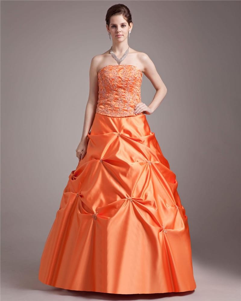 Ball Gown Satin Applique Beading Strapless Floor Length Quinceanera Prom Dresses