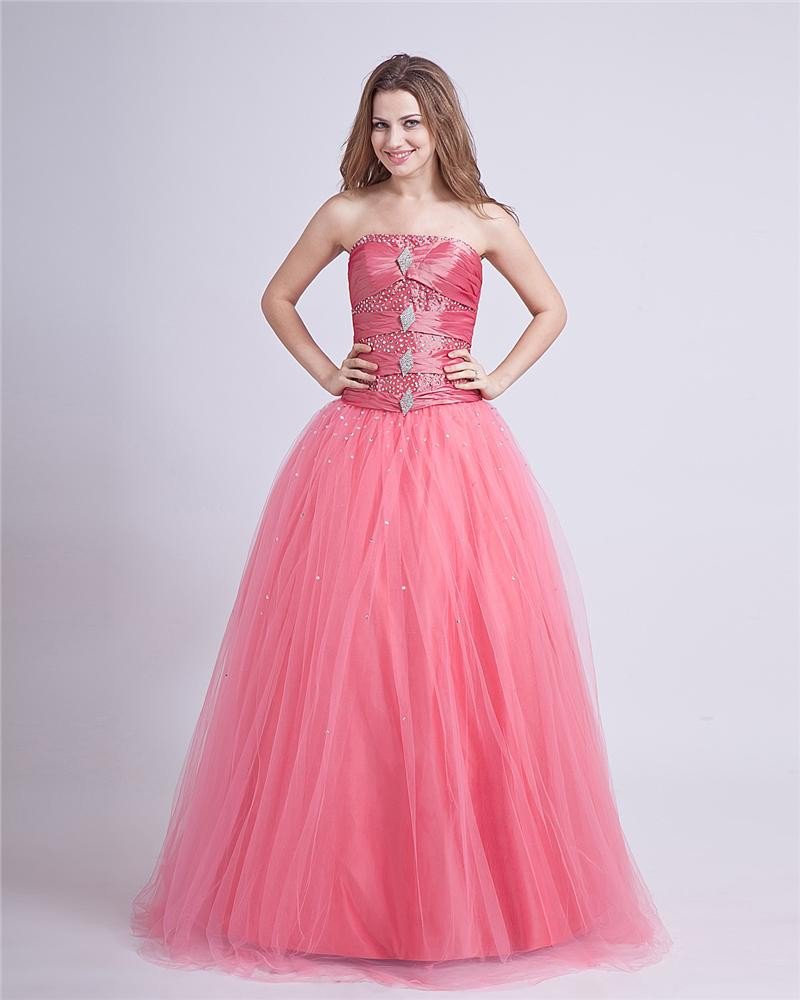 Taffeta Yarn Beading Strapless Floor Length Prom Dresses
