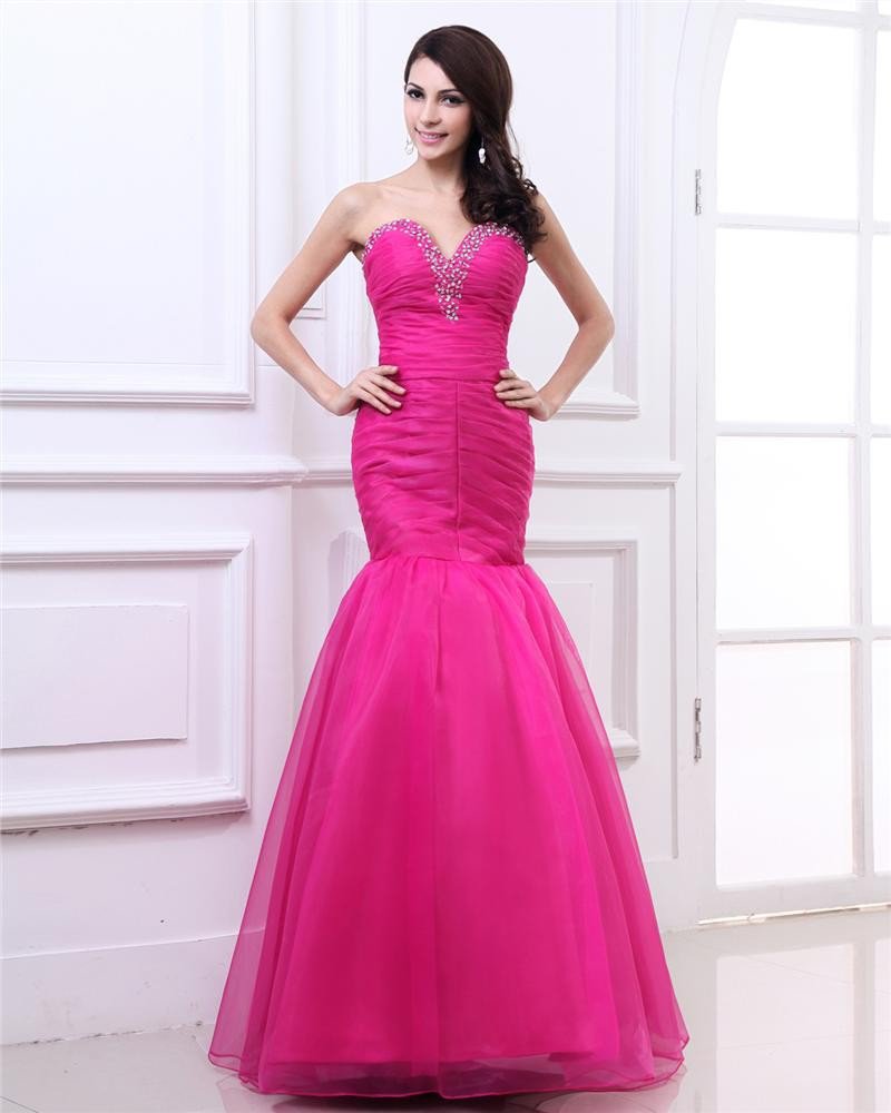 Fashion Sweetheart Floor Length Brush Train Beading Ruffle Organza Mermaid Prom Dress
