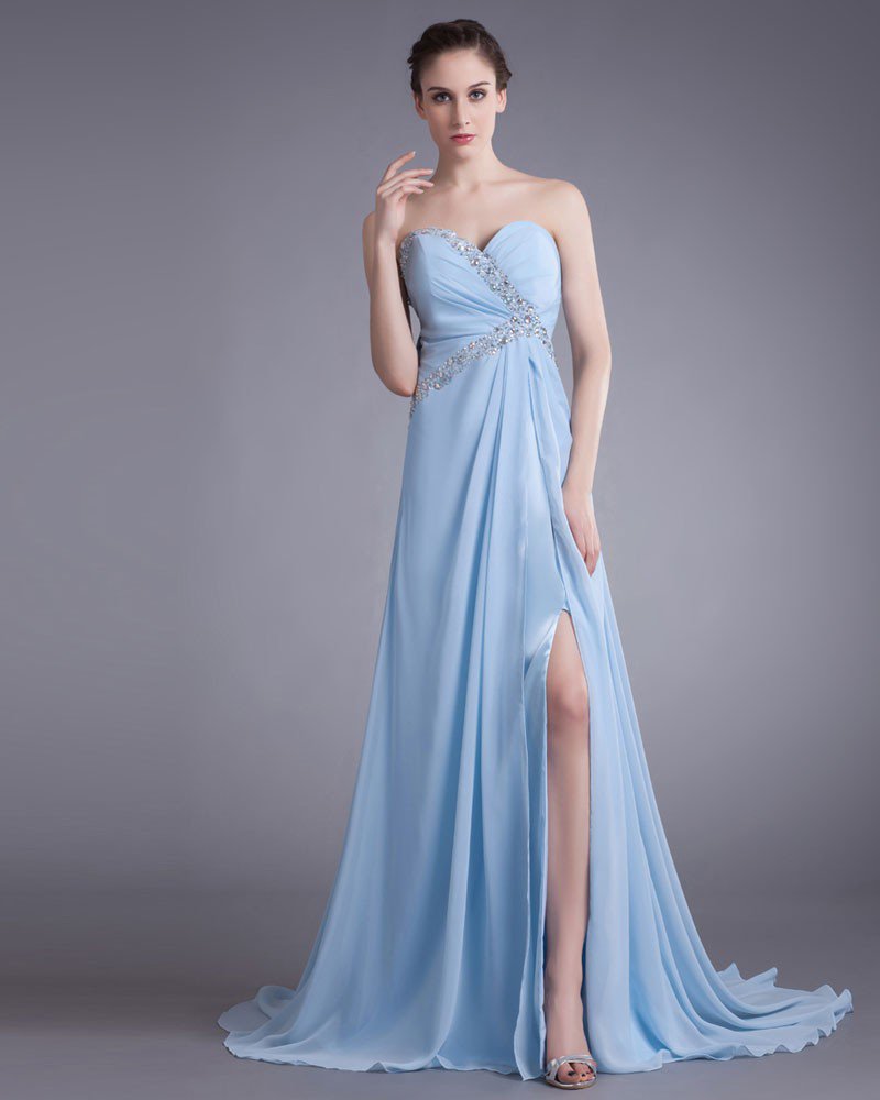 Chiffon Ruffle Beading Sweetheart Court Train Slit Pleated Prom Dress