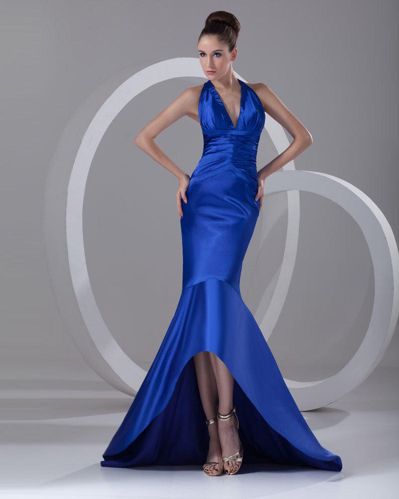 Charmeuse Ruffle V Neck Mermaid Asymmetrical Length High Low Women Prom Dress