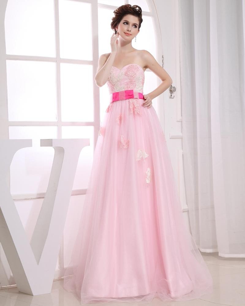 Satin Gauze Beading Sweetheart Sleeveless Backless Zipper Floor Length Flower Pleated Prom Dress